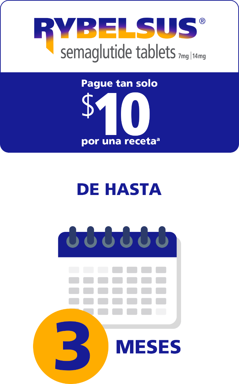Tarjeta de ahorros de RYBELSUS® e ícono de calendario con texto que indica 3 meses
